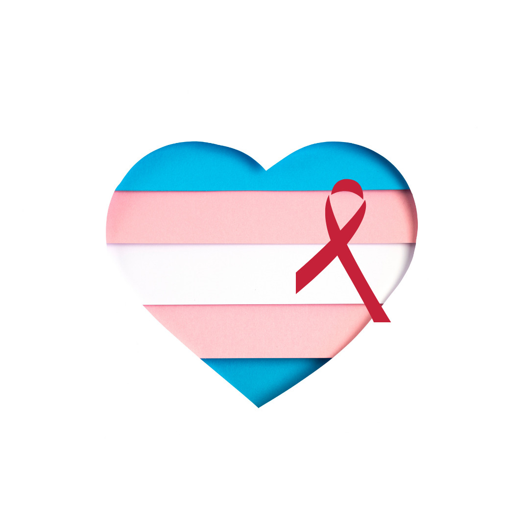 Σχήμα καρδιάς με τα χρώματα της τρανς σημαίας, με κόκκινο φιογκάκι - το σύμβολο του HIV/AIDS